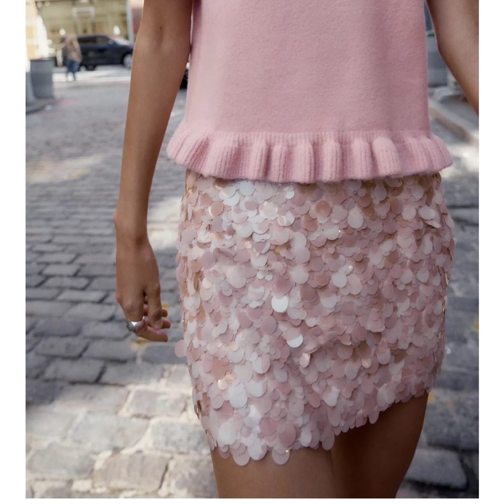 Zara NWT pale light pink sequined embellished mini skirt - Picture 4 of 10